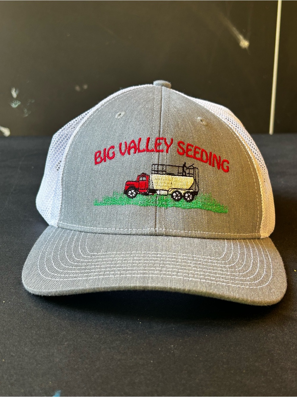 Farm hat Grey & White Mesh Trucker Hat seed company